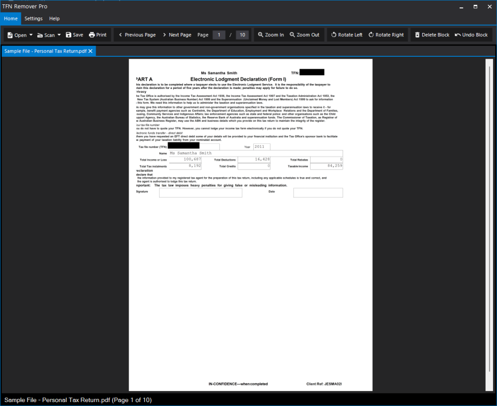 Processed document in TFN Remover Pro